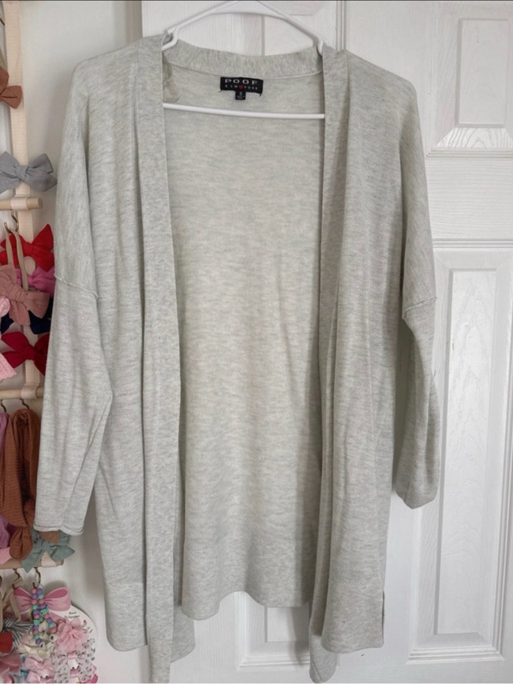 Poof Couture Light Gray Open-Front Draped Cardigan